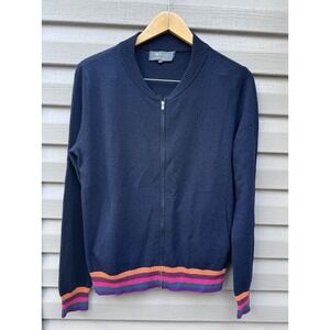 WYSE London Women's Cashmere Navy Multi Color  Trim Full Zip Sweater M/L